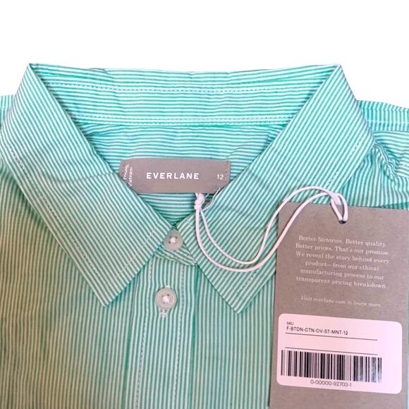 Everlane 100% Cotton Green Striped Button Down Oversized Shirt Size 12 NWT - Picture 3 of 7
